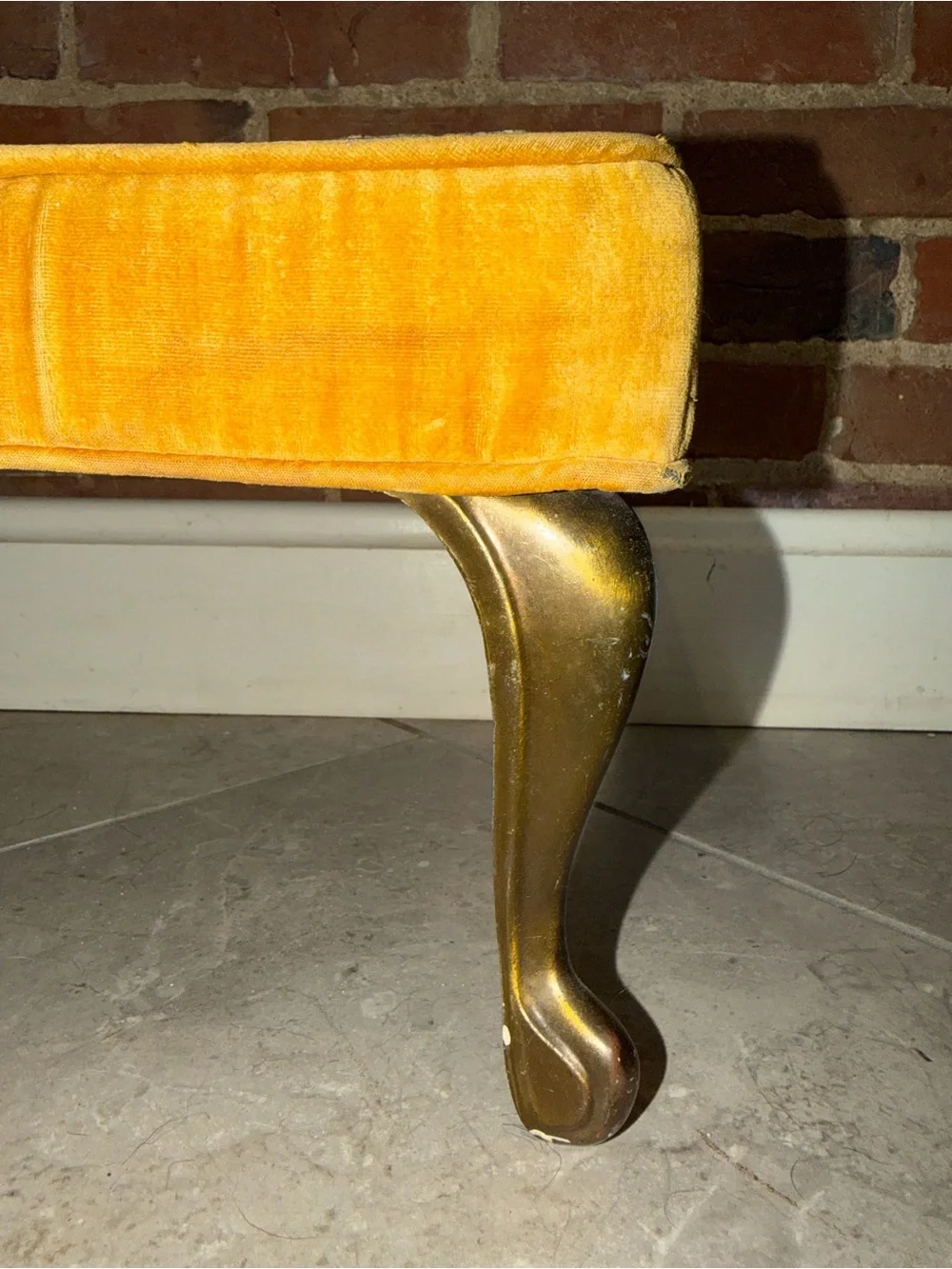 MCM‎ Small Gold Cut Velvet Brass Leg Footstool Ottoman